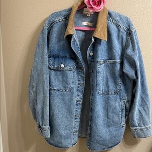 Blue Denim Jacket with Brown Collar